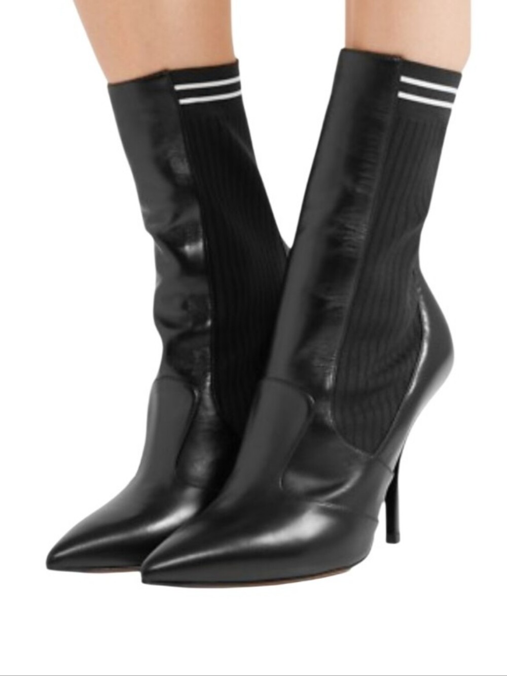 FENDI Runway Black Leather Perforated Knit Sock Boots Stiletto Heels 40